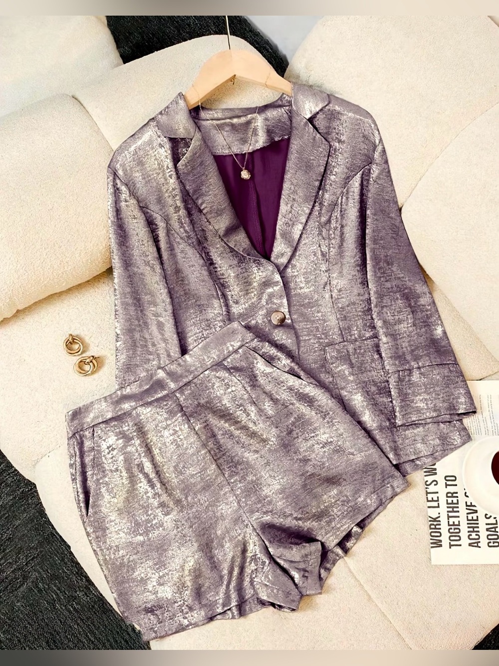 Silver-Lilac Metallic Blazer & Short Set